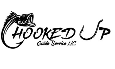 Hooked Up Guide Service LLC logo featuring a large mouth bass and a fishing hook in black and white.