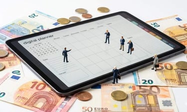 a tablet with a tablet and miniature people figures