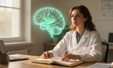Woman at wooden desk in golden light with soft aurora brain waves overlaid above her