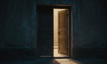 Ancient wooden door open to radiant golden light, dark stone threshold