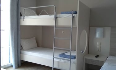 a bunk bed with a ladder and a bed