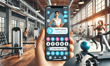 a person holding a phone with a display of workout in a fitness studio