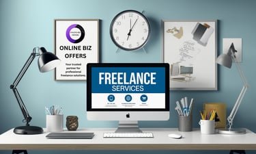 Modern freelance workspace with a computer on a desk.