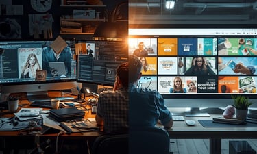Traditional ad design chaos versus streamlined AI-powered ad creation process