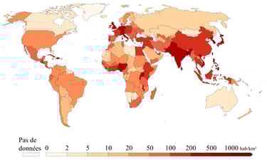 Carte de la densité de population par pays en 2025