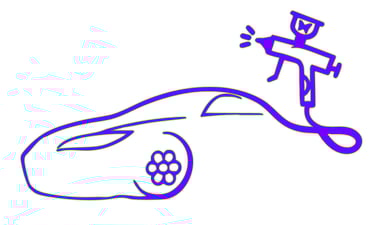 Purple line art illustration of an automotive spray gun painting a car body contour.