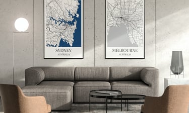 Sydney and Melbourne Map Poster in Living Room