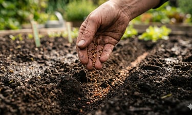 A gardener's hand planting vegetable seeds into a shallow trench of rich dark garden soil.