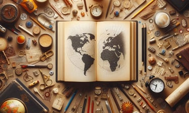 An illustration representing the idea of a literary journey around the world with a world map drawn