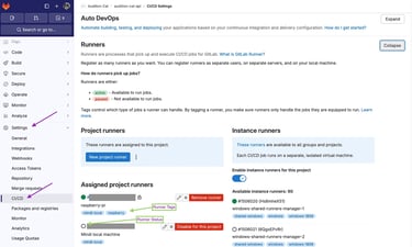 GitLab screenshot showing the Runners for our project.