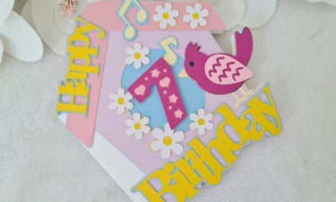 Birthday card with flower, bird and Happy Birthday sentiment. Made with Cricut.