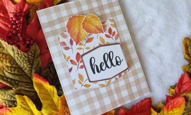 fall handmade greeting card with leaves and sentiment "Hello"