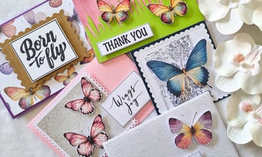 Handmade greeting cards with butterflies. Crafty vibes. Cheerful.