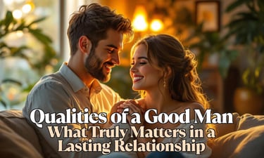 a man and woman sitting on a couch with the words qualities of a good man