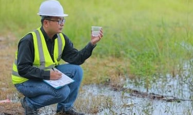 Indoor air quality technician taking a wetlands water sample 
