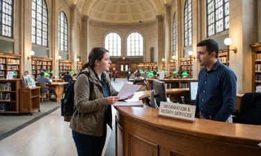 Librarian assisting a visitor with notary services at the Boston Public Library.