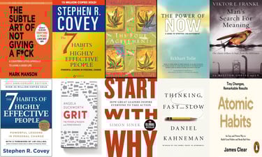 Popular personal development books including Atomic Habits, The 7 Habits of Highly Effective People, and The Power of Now.