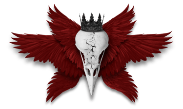 A bleached bird skull with three pairs of crimson wings wearing a black crown.