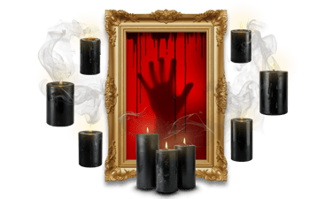 A gilded frame with a ghostly hand pressing on the bloody glass, surrounded by black candle