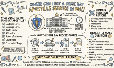 Mobile notary preparing document for apostille in Boston