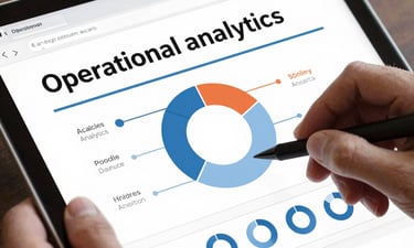 Hand using a stylus on a tablet displaying operational analytics with colorful donut charts and data.