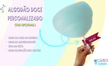 Algodao doce azul personalizado com tag para festas e eventos corporativos