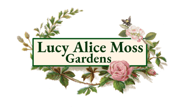 Wild roses and leaves circle around the words "Lucy Alice Moss Gardens". A bee drinks from a flower.