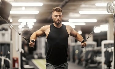 Muscular man performing a cable chest fly workout in a gym for upper body strength.
