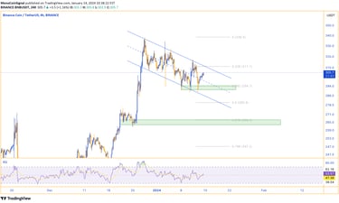 BNB analysis - Bullish trend, corrective wave in a descending channel, potential reversal patterns, 