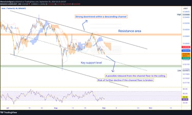 ANKR price chart showing a descending channel with the price approaching the lower boundary. Potenti