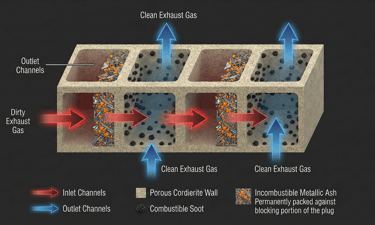 DPF honeycomb cross-section showing exhaust gas flow, trapped combustible soot, and permanent non-combustible ash plugs.