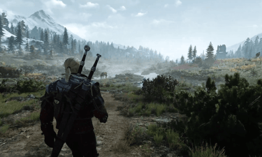 image of geralt walking down the dense and dangerous forest 