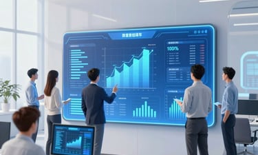 A sleek, minimalistic workspace with a laptop displaying data charts and a notebook beside it.