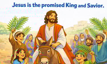 Illustration of Jesus riding a donkey during Palm Sunday with crowds waving palm branches.