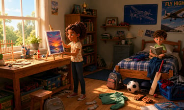 A girl painting a sunset on an easel in a cozy bedroom with her brother reading on the bed nearby.