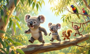 Cartoon koalas running on a eucalyptus branch with a squirrel, monkey, and parrots.