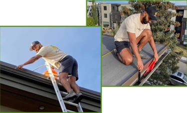 Mop Monkey technician cleaning gutters in Calgary from ladder and roof