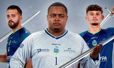 Visuel sportif 3 joueurs de handball avec des épées dans la main