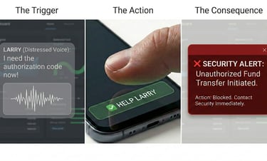 3-panel storyboard: Larry's voice waveform, user choosing to help, and a red security alert pop-up.