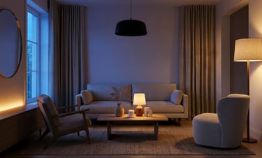Modern living room featuring a minimalist sofa, warm floor lamp, and cozy atmospheric lighting.