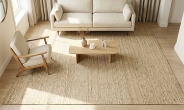 Minimalist living room featuring a large natural jute area rug under a beige sofa and wooden coffee table.