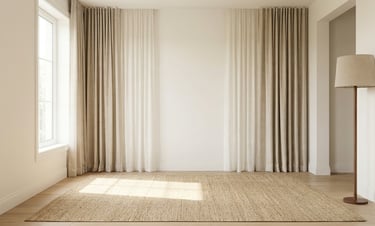 Empty minimalist living room with neutral linen curtains, a jute rug, and a floor lamp.