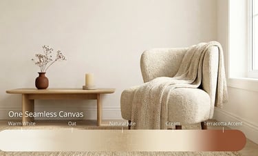 Modern minimalist living room featuring a cream bouclé chair, knit throw, and wood coffee table in neutral tones.