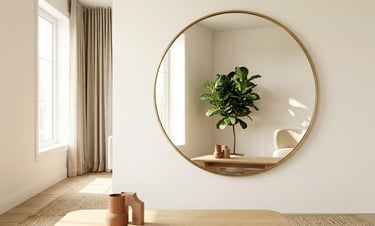 Large round gold mirror on a white wall in a minimalist living room with a fiddle leaf fig tree.