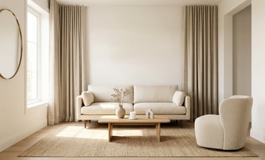 Minimalist living room with beige sofa, wooden coffee table, and bouclé chair in a bright Japandi interior.