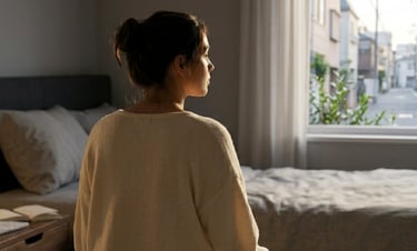 A thoughtful woman sits on her bed and looks out the window at a quiet city street.