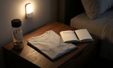A wall-mounted LED night light illuminating a bedside table with a notebook and water bottle.