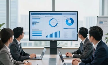 Bright, natural, diffused daylight environmental shot of a modern corporate meeting room, executives analyzing data dashboards on a screen, cool blue and slate tones, 35mm lens