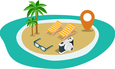 Tropical beach with lounge chairs, palm trees, sunglasses, and camera for reverse mortgage travel fu