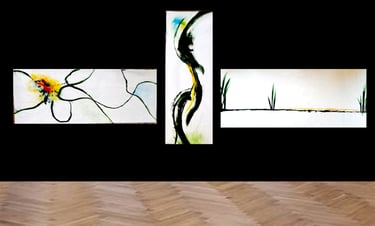 Triptyque Jacqueline Poitevin, trois toiles acryliques, peinture abstraite gestuelle contemporaine